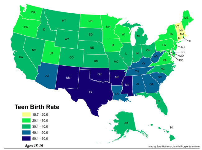 The Southernization of America: Rate of teen births in 2013 for ages 15-19: Zara Matheson, Martin Prosperity Institute via <a href="http://www.citylab.com/politics/2013/05/geography-teen-mothers/5493/" target="_blank">CityLab</a>.