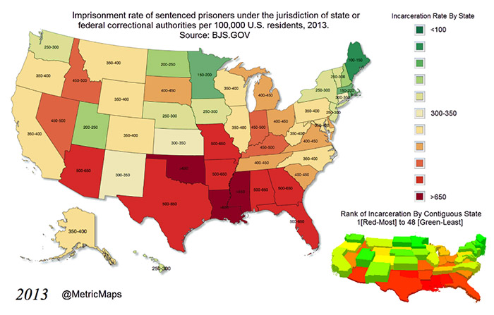The Southernization of America: Rates of incarceration by state.