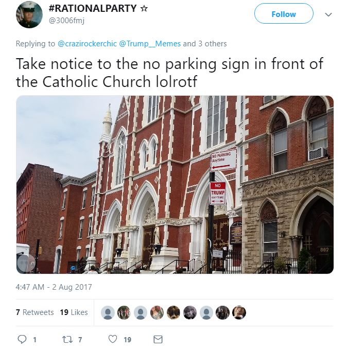 "No Trump" sign under 'No Parking" sign.