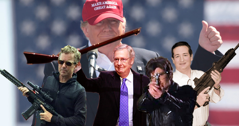 GOP armed insurrection: Sens. Rand Paul, Mitch McConnell, Joni Ernst, and Ted Cruz waving guns. with GOP's president in MAGA hat in the background.
