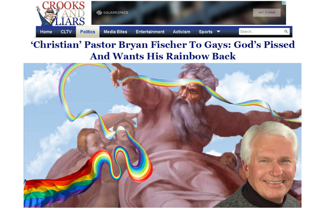 Screen capture for Elisabeth Parker's portfolio. Writing Sample - Pastor Bryan Fischer wants his rainbow back.
