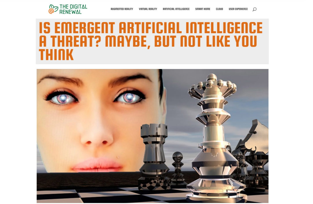Photo of robotic woman with glowing eyes gazing across a chess board. "Emergent Artificial Intelligence" - The Digital Renewal - Content writing and editing sample by Elisabeth Parker.