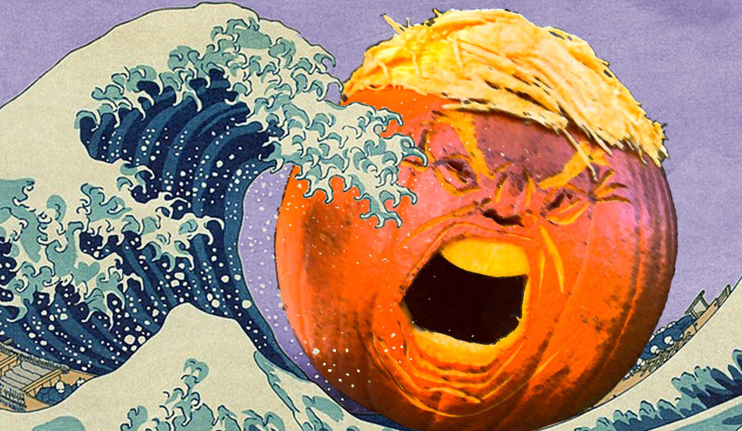 The Best Halloween Photos from the Resistance - Image with Blue Wave crashing on Trumpkin Pumpkin.
