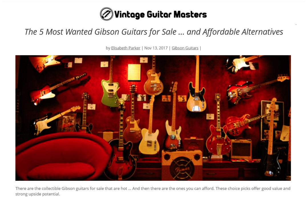 Photo of vintage guitars for sale in a store window. "Gibson Guitars for Sale" - Vintage Guitar Masters - Portfolio > Content Writing > Your Caring Dentist > Content writing and editing sample by Elisabeth Parker.