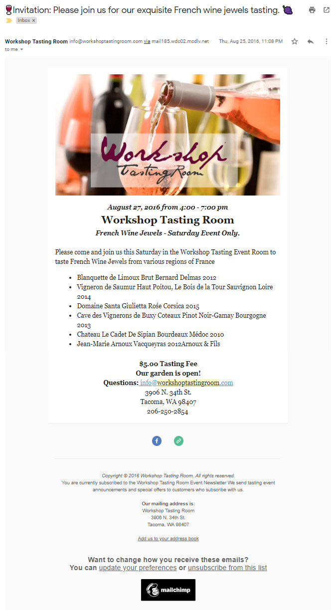 Workshop Tasting Room - screenshot of email invitation to event with MailChimp.