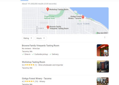 Screenshot of Workshop Tasting Room appearing in the top 3 for local search in Tacoma, Washington.