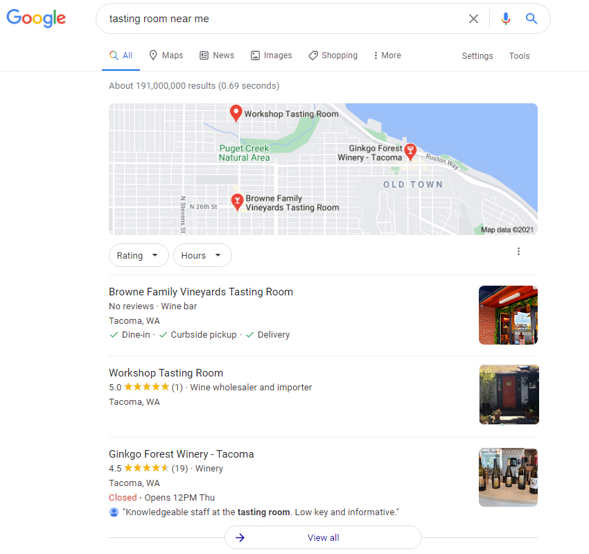 Screenshot of Workshop Tasting Room appearing in the top 3 for local search in Tacoma ("tasting room near me").