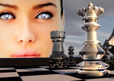 Woman from the Uncanny Valley looking over chessboard. For article on emergent artificial intelligence for TheDigitalRenewal.Com.