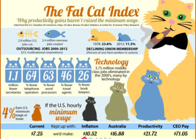 Infographic - Fat Cat Index on factors contributing to lower wages and higher CEO pay.