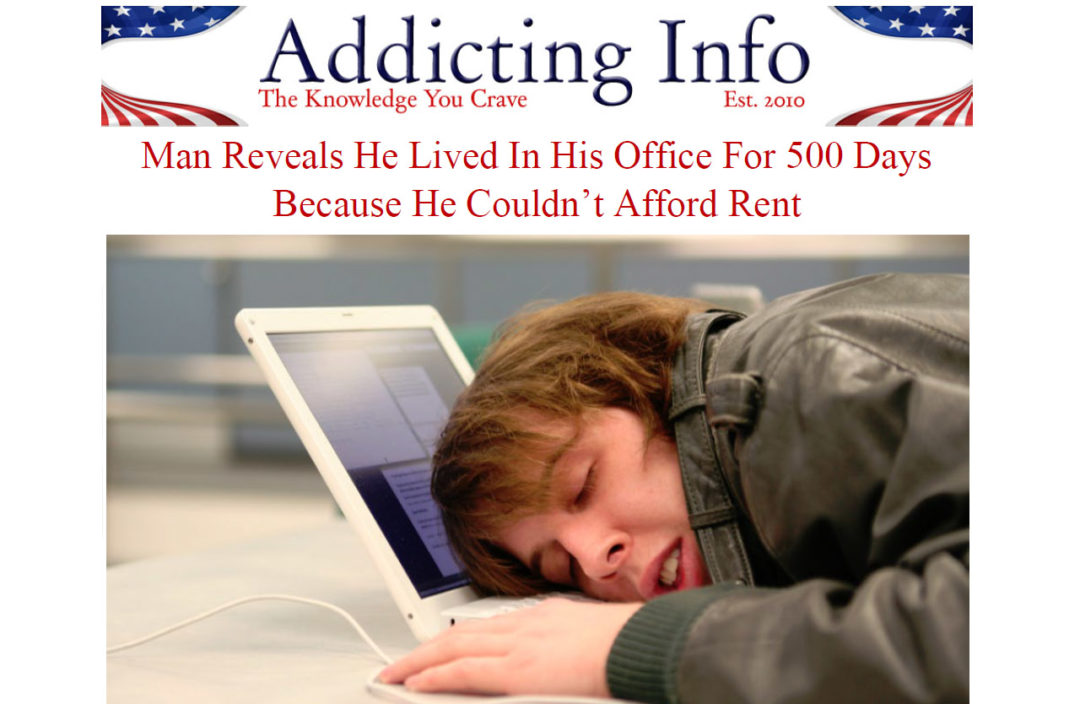 Photo of man falling asleep on his laptop while living in his office. Think living in your office is hard to pull off? Try paying rent on an overpriced, crappy studio apartment in Los Angeles.