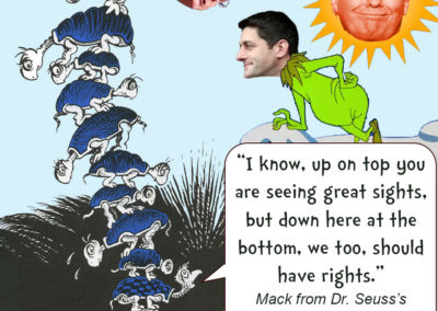 Mitch McConnell as Yertle the Turtle on top of the other turtles with turtle below saying "I know up on top you are seeing great sights, but down here at the bottom, we, too, should have rights.