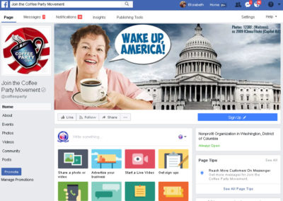 2015 - Coffee Party - Facebook Cover Graphic. With photo of waitress standing in front of the US Capitol building with a cup of black coffee and saying, "Wake up, America!"