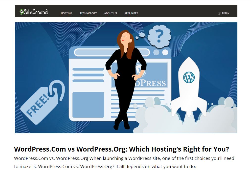 SiteGround - WordPress.Com vs. WordPress.Org. Graphic with woman choosing between free and self-hosted WordPress.