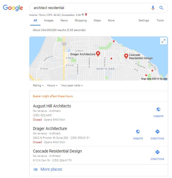 Screen shot with August Hill Architects in the top 3 of Google local search.