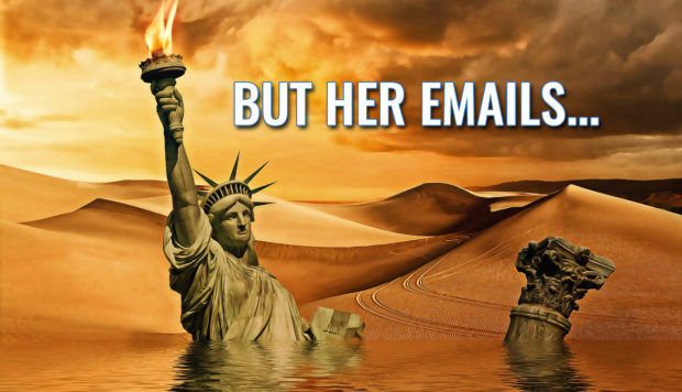 But her emails! (Photo of the Statue of LIberty in a blazing lifeless world and waist-deep in water.