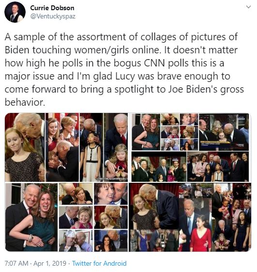 Currie Dobson @Ventuckyspaz A sample of the assortment of collages of pictures of Biden touching women/girls online. It doesn't matter how high he polls in the bogus CNN polls this is a major issue and I'm glad Lucy was brave enough to come forward to bring a spotlight to Joe Biden's gross behavior.